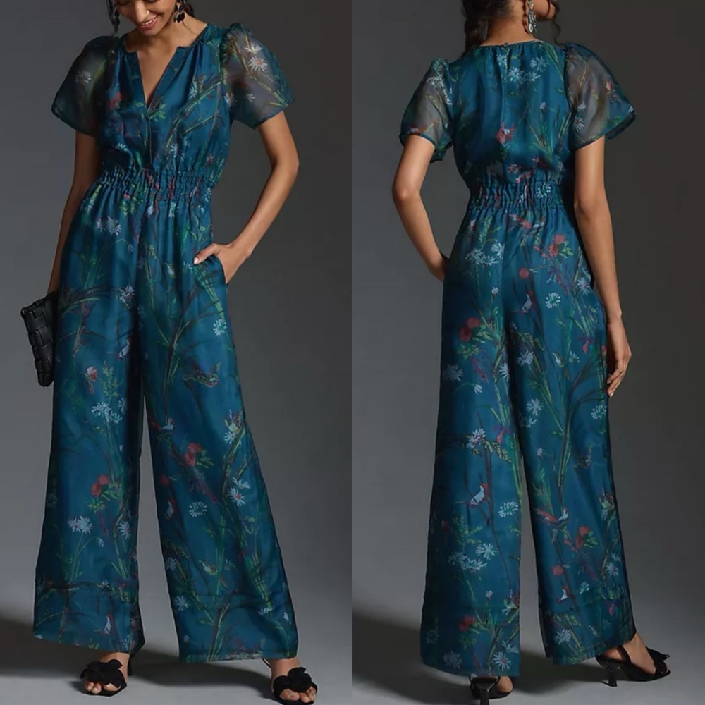 Anthropologie Somerset Jumpsuit Silk Edition Bird Floral Boho Preppy Womens XL